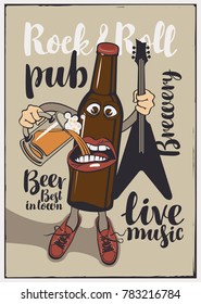 Vector banner for Rock and roll pub with inscriptions brewery, beer, best in town, live music. Illustration in a flat style with a cheerful bottle of beer that holds a guitar and a full glass of beer