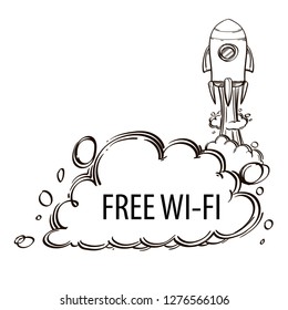 Vector banner a rocket taking off and a cloud of smoke with the inscription "free wi-fi" inside. Black and white drawing.