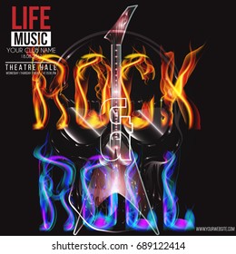 Vector banner for the rockroll concert live music with a guitar, fire letters and scull