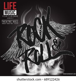 Vector banner for the rockroll concert live music with wings and gray scale fire