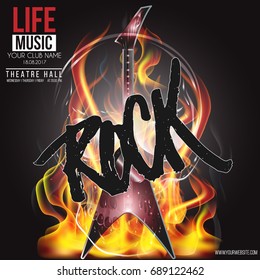 Vector banner for the rockroll concert live music with a guitar, fire and scull