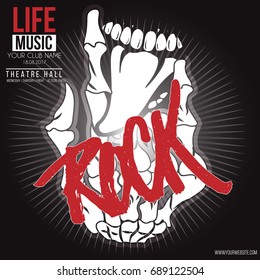 Vector banner for the rockroll concert live music with bone hand and protruding tongue