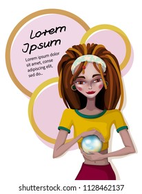 Vector banner with a round frame and with a girl with dreadlocks