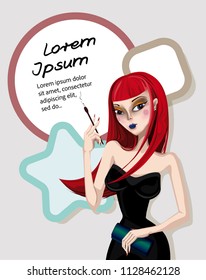 Vector banner with a round frame and with the smoking women with red hair