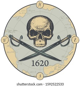 Vector banner of round shape with a hand-drawn human skull and crossed swords on the background of an old map. Illustration or emblem on the theme of pirate adventures and travel in vintage style.