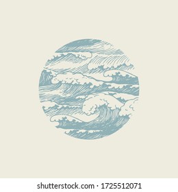 Vector banner of round shape with hand-drawn waves in retro style. Stormy waves with white breakers of sea foam, decorative illustration of the sea or ocean