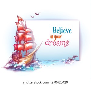 Vector banner with sail ship in ocean.