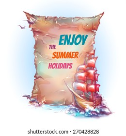 Vector banner with sail ship in ocean.