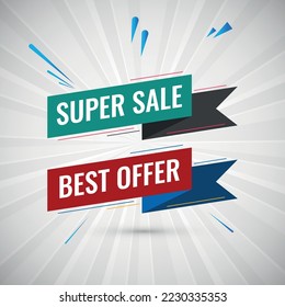 Vector banner. Sale, discounts, bargain, offer. Template, modern label for promotion. Advertising message, favorable price. Icon for retail business, customer acquisition. Sale of various goods.