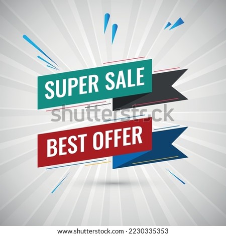 Vector banner. Sale, discounts, bargain, offer. Template, modern label for promotion. Advertising message, favorable price. Icon for retail business, customer acquisition. Sale of various goods.