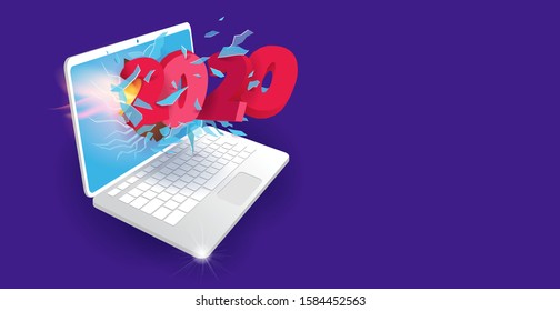  Vector banner for sale. The laptop screen explodes with 2020 volumetric color numbers