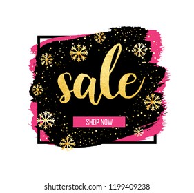 Vector banner sale. Modern social media banner with golden snowflakes.