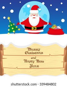 Vector banner Santa Claus congratulate on Merry Christmas and Happy New year on background blue moon