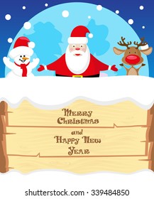 Vector banner Santa Claus,  Snowman and Deer congratulate on Merry Christmas and Happy New year on background blue moon