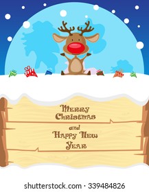 Vector banner Santa's Deer congratulate on Merry Christmas and Happy New year on background blue moon
