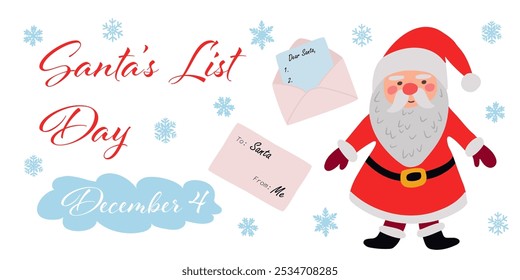 Vector banner for Santas List Day on December 4. Illustration with Santa Claus next to letters and snowflakes. Composition isolated on white background