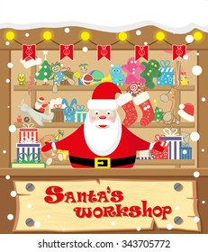 Vector banner Santa's workshop with Santa Claus and gifts, toys, dolls, present box and lamp garlands with flags