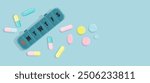 Vector banner scattered tablet, capsule and pill from tablet organizer, close up medication box for every day of the week. Minimalistic medical concept in pastel colors in simple flat style.