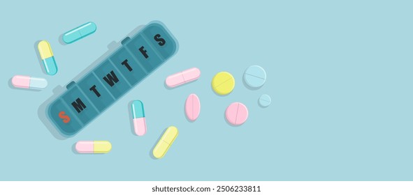 Vector banner scattered tablet, capsule and pill from tablet organizer, close up medication box for every day of the week. Minimalistic medical concept in pastel colors in simple flat style.