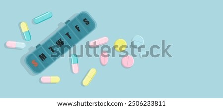 Vector banner scattered tablet, capsule and pill from tablet organizer, close up medication box for every day of the week. Minimalistic medical concept in pastel colors in simple flat style.