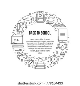 Vector banner with school education symbols in trendy linear style
