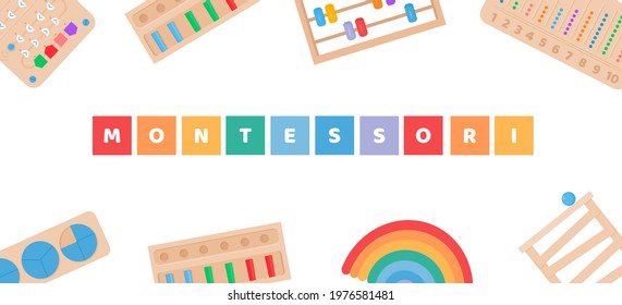 Vector Banner for school kindergarten. Children wooden eco friendly educational toys and busy boards for preschool kids. Colorful blocks with letters on background for alternative education