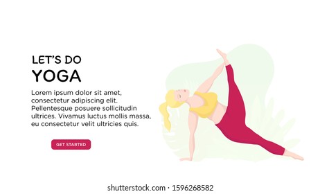 Vector banner or screen template for school website or yoga studio with european plus size woman in yoga positions. Sports and health body positive concept. Bright banner with yoga practicing 