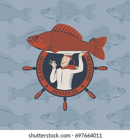 Vector banner for seafood with a hand wheel and a smiling chef with the fish on the tray, and a tray on his head on the background from fish in the sea