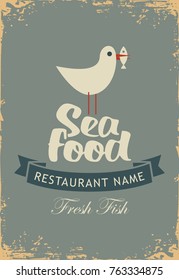 Vector banner for a seafood restaurant menu with a seagull with a fish in its beak in retro style