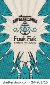 vector banner for seafood with a ship anchor, fish and lobster