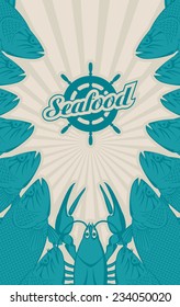 vector banner for seafood with a ship wheel, fish and lobster