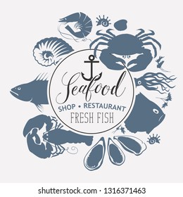 Vector banner for seafood shop or restaurant with a ship anchor, handwritten inscription and silhouettes of fishes, crustaceans, mussels and other sea inhabitants in retro style