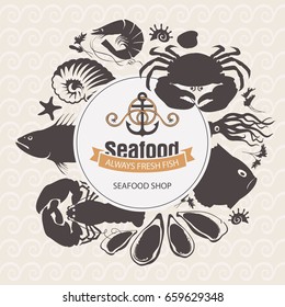 Vector banner for seafood shop with the words always fresh fish and a picture of rope, anchor, fish, crustaceans, molluscs and other marine life on the background of waves in a retro style.