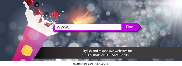 vector banner with a search string and a glass of milk shake and spray and sequins