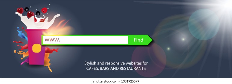 vector banner with a search string and a glass of milk shake and spray