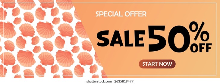 Vector banner with seashell background and fifty percent discount. Great for summer sales, stores, beach-themed ads and vacation promotions.
