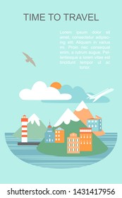 Vector banner with seaside city illustration and text layout. Airplane flying against the backdrop of mountains and clouds