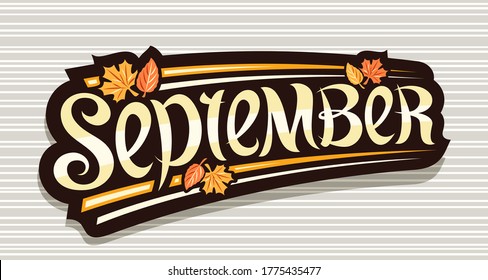 Vector banner for September, black logo with curly calligraphic font, autumn leaves and decorative stripes, greeting card with unique brush lettering september on grey abstract background.