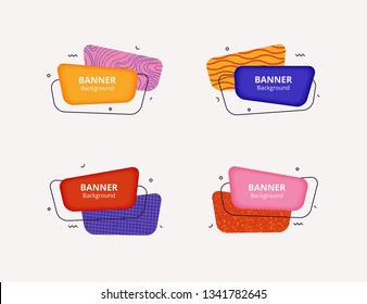 Vector banner set. Abstract geometric rounded shapes of bold colors in Memphis design style. Templates for web, logo, card or presentation design.