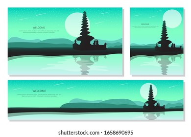 Vector banner set with beautiful landscape sunset in Bal, a flat design style. Backgrounds Illustrations 