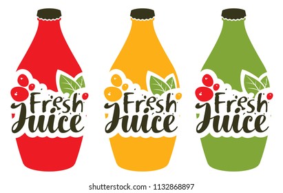 Vector banner with set bottle, green leaves and inscription fresh juice