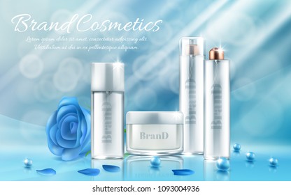 Vector banner with set of bottles and jars for facial mask, hand cream, body lotion, hair spray on blue background with petals and shining pearls. Cosmetic products series for skin care and treatment