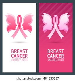 Vector banner set for breast cancer october awareness month. Illustration of womans face in butterfly wings and pink ribbon breast cancer symbol. Abstract background for banner, poster, flyer design.