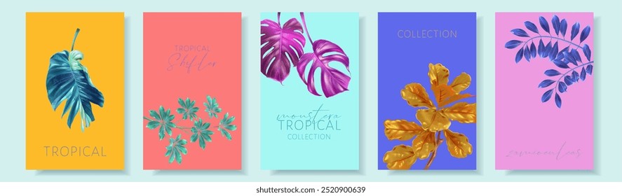 Banner de vetor conjunto de folhas tropicais coloridas em fundo colorido. Design botânico exótico para cosméticos, spa, perfume, salão de beleza, agência de viagens, loja de florista. Melhor como design de embalagem