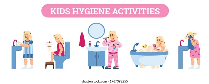 Vector banner with set of daily health and hygiene kids procedures in bathroom. Little girl washes face, brushes teeth, takes bath with soap foam, washes hands and sits on toilet