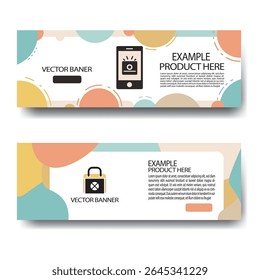 Vector banner set featuring abstract design elements, including a smartphone camera and a lock icon, ideal for technology and product advertisements.