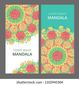 Vector banner set with floral ornament. Rose, tulip, leaf. Circular ornament.