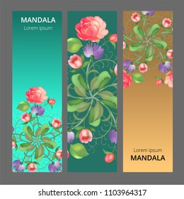 Vector banner set with floral ornament. Rose, tulip, leaf. Circular ornament.