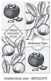 Vector banner set with hand drawn branch of of Brazil nuts.