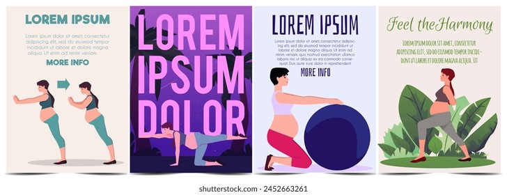 Conjunto de Anuncios de Vector que ilustra ejercicios de embarazo, posturas prenatales de yoga y bienestar durante el embarazo con texto motivacional